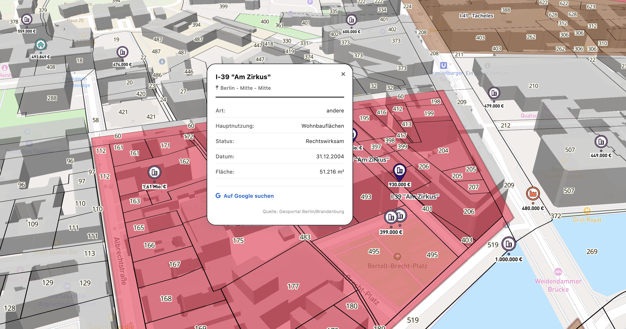 Assetfy-Karte mit Bebauungsplan I-39 Am Zirkus in Berlin-Mitte: Der Bebauungsplan ist rot markiert, das geöffnete Popup zeigt Art, Hauptnutzung, Status, Datum und Fläche.
