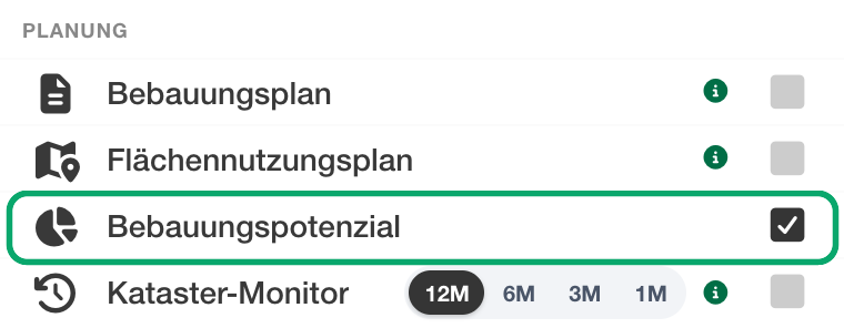 Layer-Auswahl der Karte mit gesetztem Haken bei Bebauungspotenzial