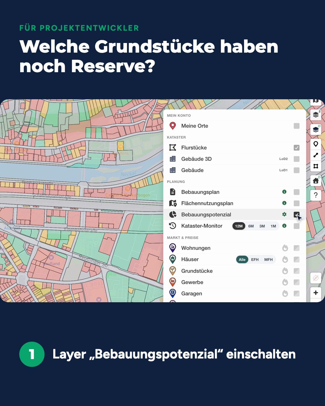Screencast: Bebauungspotenzial-Karte in Assetfy einschalten und Flurstück in Tübingen prüfen